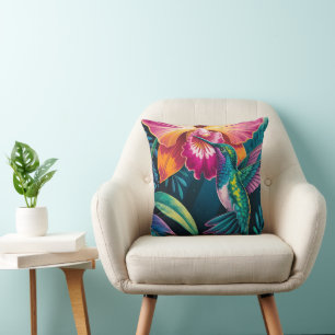 Cojín Decorativo Colibrí y orquídea tropicales vibrantes