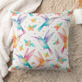 Cojín Decorativo Colibrí y patrón de acuarela pastel floral