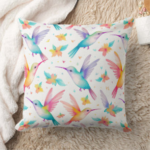 Cojín Decorativo Colibrí y patrón de acuarela pastel floral