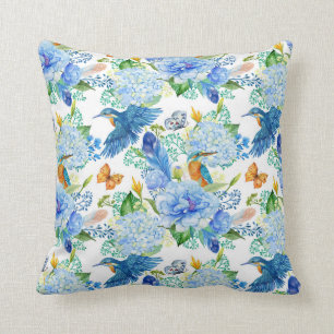 Cojín Decorativo Colibríes y Hortensias Azules
