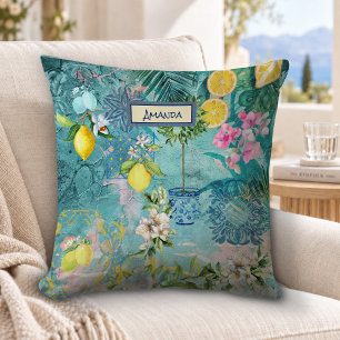 Cojín Decorativo Collage chic azul turquesa floral cítrico sicilian