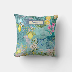 Cojín Decorativo Collage chic azul turquesa floral cítrico sicilian