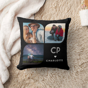 Cojín Decorativo Collage de 3 fotos personalizadas con monograma y