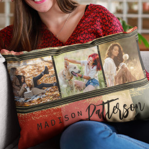 Cojín Decorativo Collage de 3 fotos personalizadas con nombre de fa