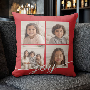 Cojín Decorativo Collage de 4 fotos con alegría navideña roja