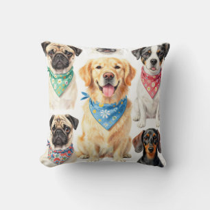 Cojín Decorativo Collage de acuarela de retratos de cachorros lindo