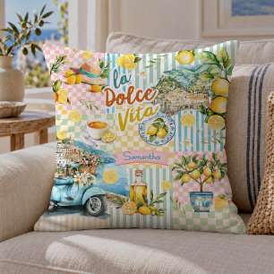Cojín Decorativo Collage de cítrico turquesa rosa mediterráneo