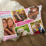 Cojín Decorativo Collage de fotos con 5 imágenes en rosa y blanco<br><div class="desc">almohada personalizada con 5 de tus fotos favoritas y tu nombre. Tus imágenes se comparan con un patrón geométrico moderno en rosa y blanco. Su nombre está escrito en tipografía de guiones blancos y la plantilla está configurada para que usted pueda personalizar el diseño. También puede editar el color de...</div>