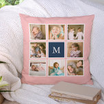 Cojín Decorativo Collage de Fotos con Monograma de Color de Fondo E<br><div class="desc">Almohada monograma con 8 fotos cuadradas dispuestas en una cuadrícula con un borde blanco alrededor de ellas en la parte delantera y trasera, lo que hace un total de 16 fotos que puede reemplazar con sus propias fotos, todo sobre un color de fondo editable (haga clic en "personalizar" para cambiar...</div>