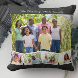Cojín Decorativo Collage de fotos con nombre de familia y tira foto<br><div class="desc">Personaliza esta almohada de lanzamiento feliz con tus fotos familiares favoritas. La plantilla está preparada para que agregue hasta 5 fotos y su nombre de familia (o texto personalizado). La foto principal será usada como fondo y las 4 fotos restantes serán distribuidas en una tira de fotos en zigzag a...</div>