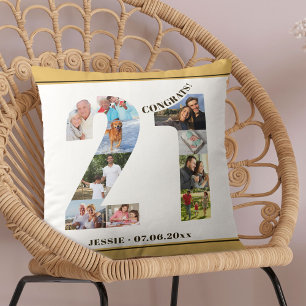 Cojín Decorativo Collage de Fotos Cumpleaños 21 Personalizado Neutr