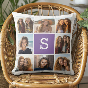 Cojín Decorativo Collage de Fotos de Berenjena y Blanco con Monogra