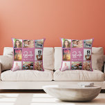 Cojín Decorativo Collage de fotos de color rosa oscuro en cumpleaño<br><div class="desc">Un regalo único para un cumpleaños número 50 (o cualquier edad) de las mujeres, celebrando su vida con un collage de 8 fotos, fotos propias. Personalice y añada su nombre, edad 50 y fecha. Un fondo azul oscuro de moda. El nombre está escrito con una escritura de estilo con letras...</div>