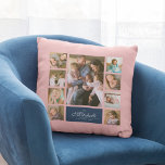 Cojín Decorativo Collage de fotos de la familia de guiones elegante<br><div class="desc">almohada de collage de fotos con 9 fotos dispuestas en una cuadrícula en la parte delantera y trasera, lo que hace 18 fotos en total que puedes reemplazar con tus propias fotos con el nombre de tu familia en un guión elegante. Este versátil diseño de almohadas también tiene colores editables....</div>