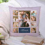 Cojín Decorativo Collage de fotos de la familia de guiones elegante<br><div class="desc">almohada de collage de fotos con 9 fotos dispuestas en una cuadrícula en la parte delantera y trasera, lo que hace 18 fotos en total que puedes reemplazar con tus propias fotos con el nombre de tu familia en un guión elegante. Este versátil diseño de almohadas también tiene colores editables....</div>