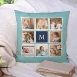 Cojín Decorativo Collage de fotos de monograma de color de fondo ed<br><div class="desc">almohada monogramo con 8 fotos cuadradas dispuestas en una cuadrícula con un borde blanco alrededor de ellas en el frente y en la parte posterior, lo que hace que 16 fotos en total puedan reemplazarse con sus propias fotos todo con un color de fondo editable (haga clic en "personalizar" para...</div>