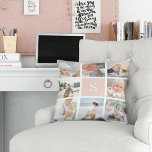 Cojín Decorativo Collage de fotos de monograma rosa Rubor<br><div class="desc">Personalizar esta almohada de lanzamiento con ocho fotos cuadradas dispuestas en un diseño de collage de rejilla,  con tu monograma inicial en rosa rubor en el cuadrado central. La almohada cambia a un sutil patrón de diamante punteado al combinar rosa claro y blanco.</div>