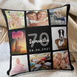Cojín Decorativo Collage de fotos de personalizado de 70 años mujer<br><div class="desc">Un regalo único para una mujer que cumple 70 años, celebrando su vida con un collage de 8 fotos, fotos propias. Personaliza y agrega su nombre, edad 70 y fecha. Un fondo negro de moda. Letras y números grises y blancos. El nombre está escrito con una escritura de estilo con...</div>