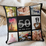 Cojín Decorativo Collage de fotos de personalizado de cumpleaños mu<br><div class="desc">Un regalo único para un cumpleaños número 50 (o cualquier edad) de las mujeres, celebrando su vida con un collage de 8 fotos, fotos propias. Personalice y añada su nombre, edad 50 y fecha. Un fondo negro de moda. Letras y números grises y blancos. El nombre está escrito con una...</div>