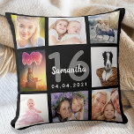 Cojín Decorativo Collage de fotos de personalizado negro Sweet 16<br><div class="desc">Un regalo único para una chica Sweet 16, 16 cumpleaños, celebrando su vida con un collage de 8 de sus propias fotos, fotos. Personaliza y agrega su nombre, edad 16 y fecha. Un fondo negro de moda. Letras y números grises y blancos. El nombre está escrito con una escritura de...</div>