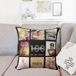 Cojín Decorativo Collage de fotos de personalizados de 100 años muj<br><div class="desc">Un regalo único para una mujer que cumple 100 años, celebrando su vida con un collage de 8 fotos, fotos propias. Personaliza y agrega su nombre, edad 100 y fecha. Un fondo negro de moda. Letras y números grises y blancos. El nombre está escrito con una escritura de estilo con...</div>