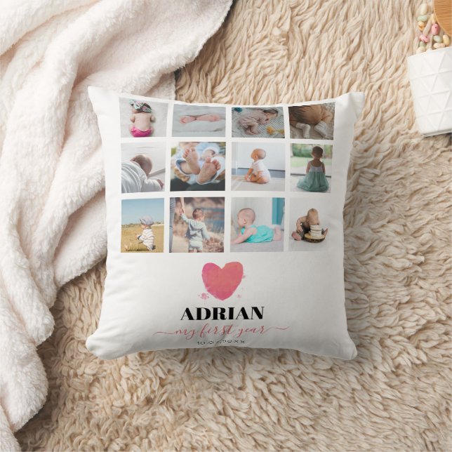 Cojín Decorativo Collage de fotos de primer año del bebé acuarela (Manta)