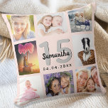 Cojín Decorativo Collage de fotos de rosa personalizado de oro de Q<br><div class="desc">Un regalo único para una chica Quinceañera,  15 años,  celebrando su vida con un collage de 8 fotos,  fotos. Personaliza y agrega su nombre,  edad 15 y fecha. Un fondo dorado rosa de niñas. El nombre está escrito con una escritura de estilo con letras a mano moderna.</div>