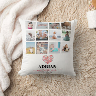 Cojín Decorativo Collage de fotos del primer año del bebé con coraz