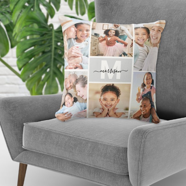 Cojín Decorativo Collage de fotos familiar monograma de personaliza (Custom Monogram Family Photo Collage Throw Pillow)