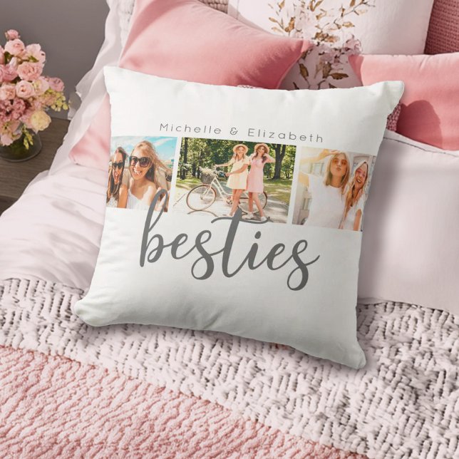 Cojín Decorativo Collage de fotos moderno Best Friends Besties (A simple cute 3 photo besties, best friend pillow. Personalize it with your favorite photos.)