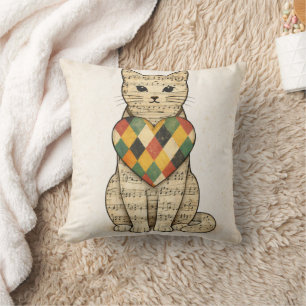 Cojín Decorativo Collage de gato musical con corazón de arlequín