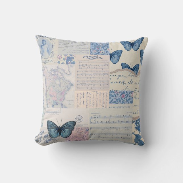 Cojín Decorativo Collage de la mariposa musical en azul y blanco (Anverso)