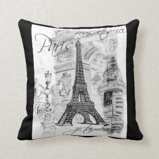 Cojín Decorativo Collage de la Torre Eiffel de París en blanco y ne