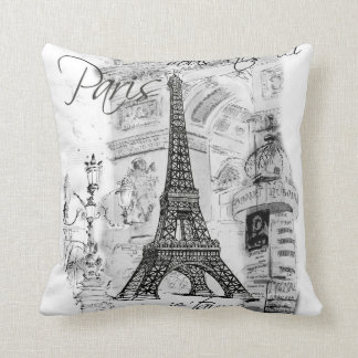 Cojín Decorativo Collage de la Torre Eiffel de París en blanco y ne
