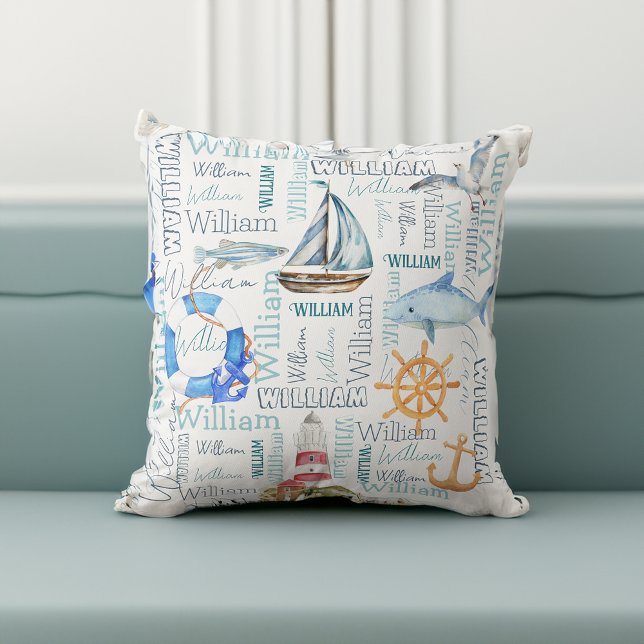Cojín Decorativo Collage de nombres personalizados regalos de niños (Personalized name collage nautical boy gifts throw pillow gifts for boys nursery gifts nursery decor)