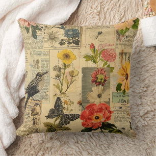 Cojín Decorativo Collage de periódico floral de pájaro cantor vinta
