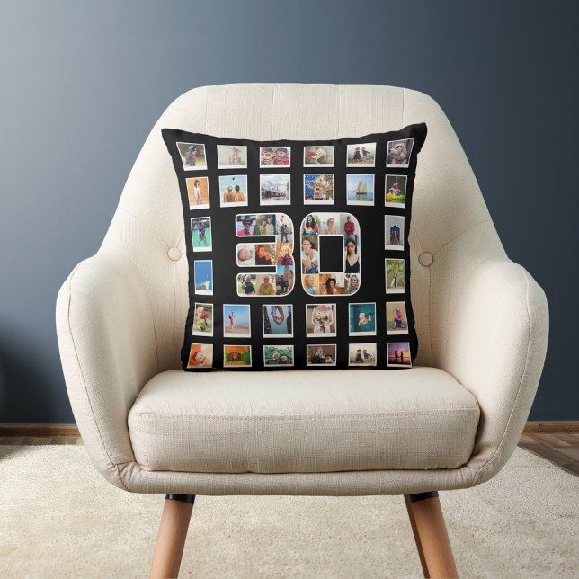 Cojín Decorativo Collage de Recuerdos fotográficos de la familia de (30th birthday throw pillow on a chair)