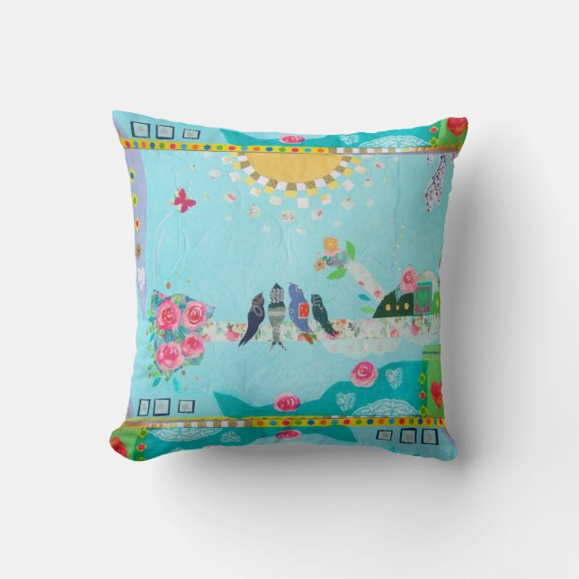 Cojín Decorativo Collage del arte de la familia de pájaro (Anverso)