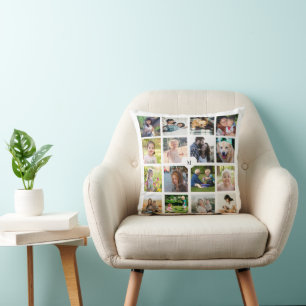 Cojín Decorativo Collage personalizado de 16 fotos con monograma bl