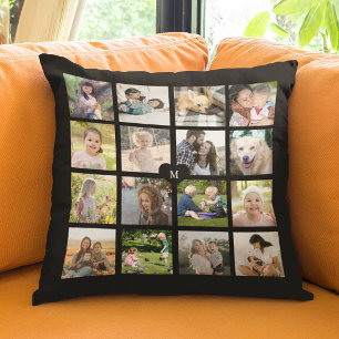 Cojín Decorativo Collage personalizado de 16 fotos monograma negro
