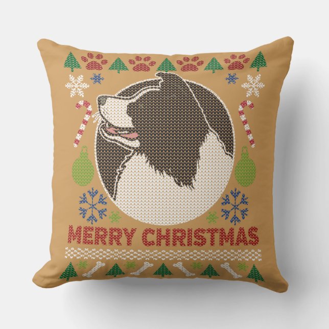 Cojín Decorativo Collie Fronterizo Feliz Navidad Sudadizo (Anverso)