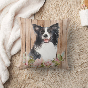 Cojín Decorativo Collie y flores de borde de acuarela