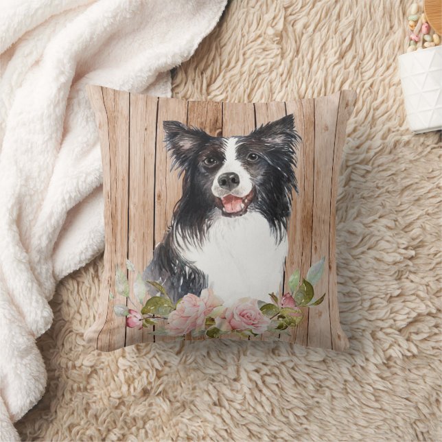 Cojín Decorativo Collie y flores de borde de acuarela (Manta)