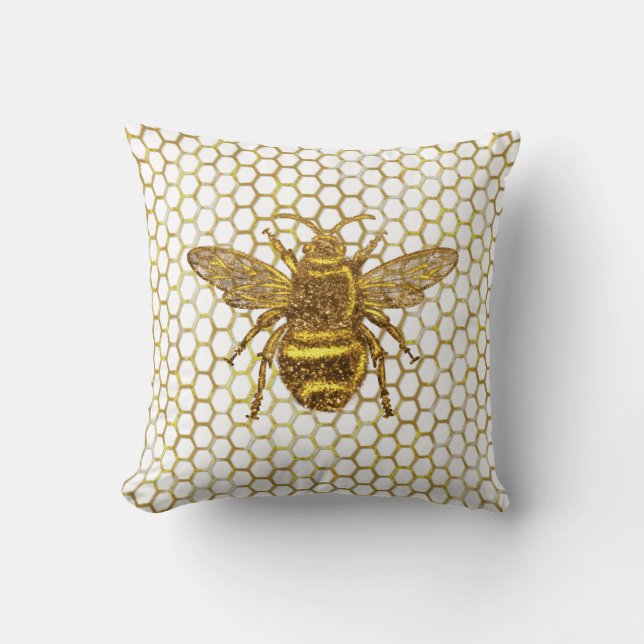 Cojín Decorativo Colmena Hexágono Abeja Dorada Brillante (Anverso)
