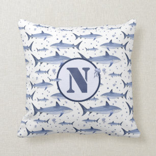 Cojín Decorativo Color de agua azul Monograma Patrón de medusas de