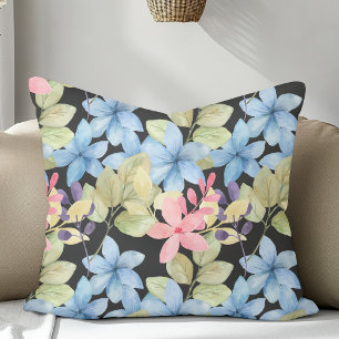 Cojín Decorativo Color De Agua Floral Rosa Y Azul Pastel En Negro