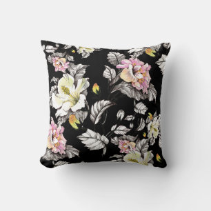 Cojín Decorativo Color de agua intenso y floral: fondo negro