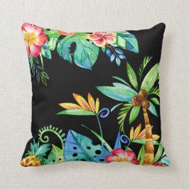 Cojín Decorativo Color de agua tropical floral negro