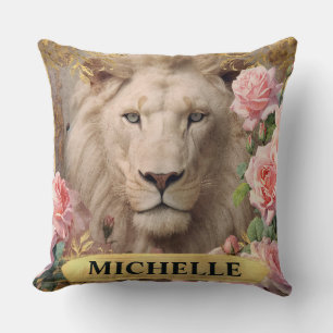Cojín Decorativo Color de agua Vintage León blanco y rosas rosadas