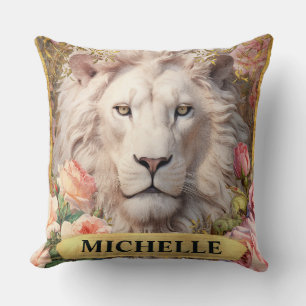 Cojín Decorativo Color de agua Vintage León blanco y rosas rosadas